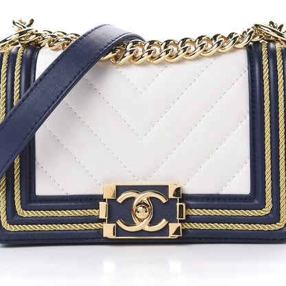 Chanel Calfskin Chevron Quilted Braided Small Boy Flap White Navy 8 of 11