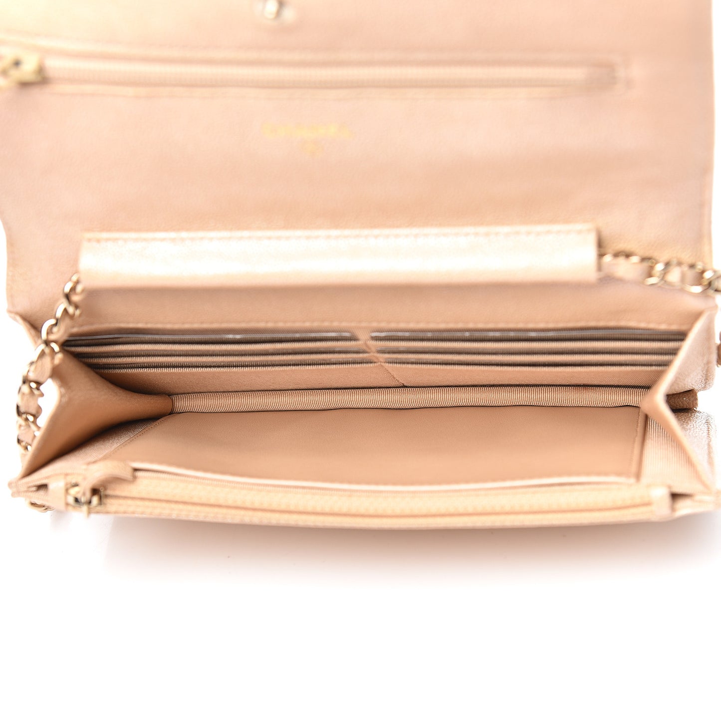 Iridescent Caviar Quilted Wallet On Chain WOC Beige