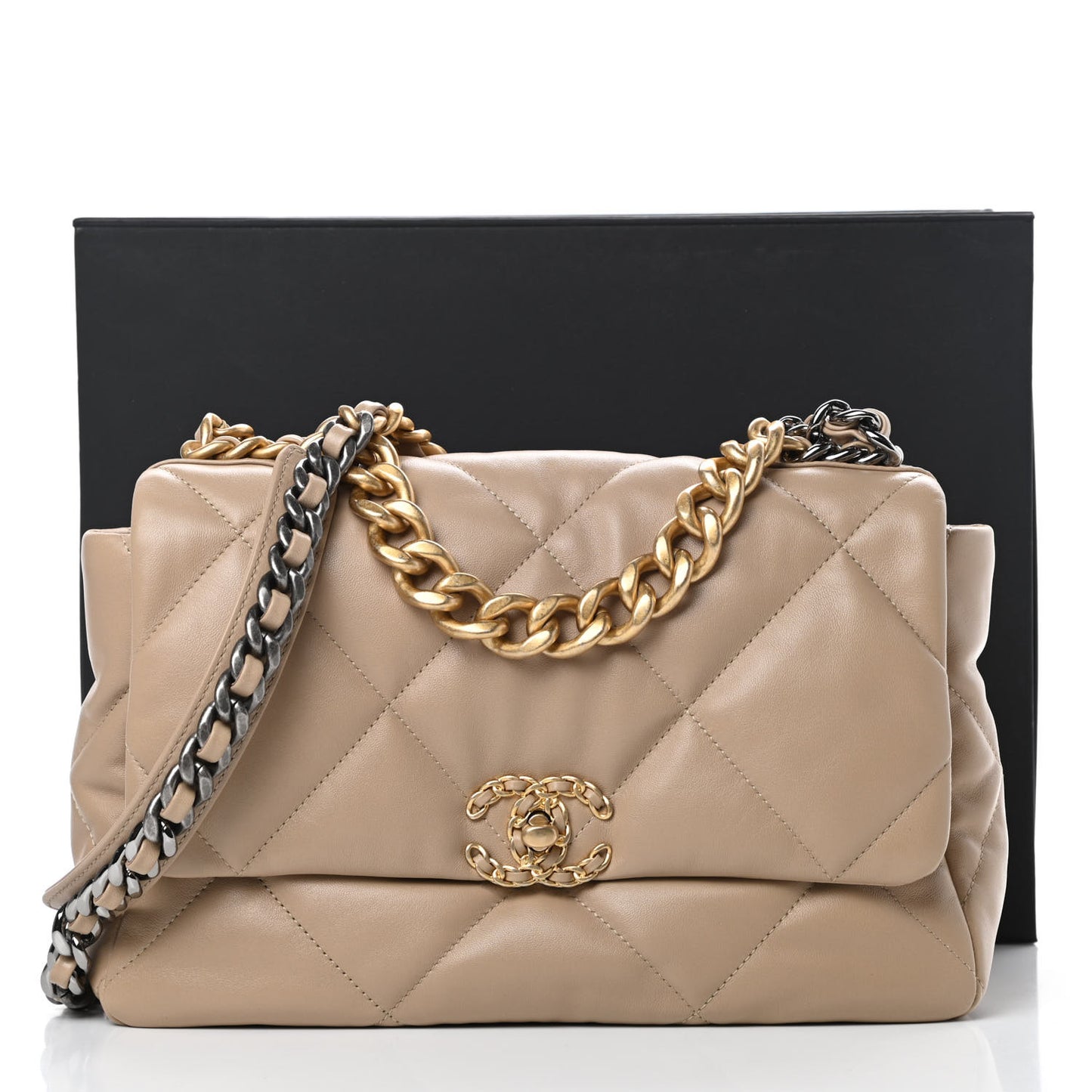 Lambskin Quilted Large Chanel 19 Flap Dark Beige