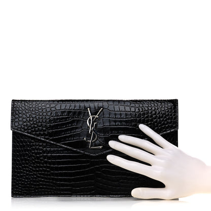 Saint Laurent Calfskin Crocodile Embossed Uptown Monogram Clutch Black 2 of 7