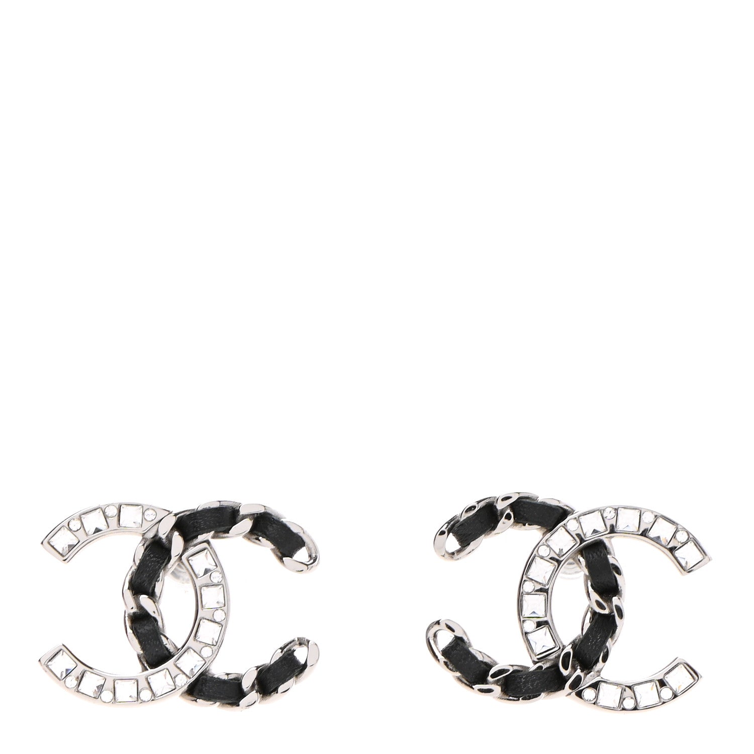 Chanel Crystal Baguette Lambskin Large CC Earrings Silver Black 1 of 4