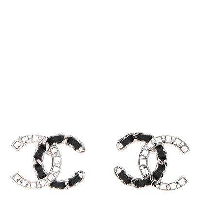 Chanel Crystal Baguette Lambskin Large CC Earrings Silver Black 1 of 4