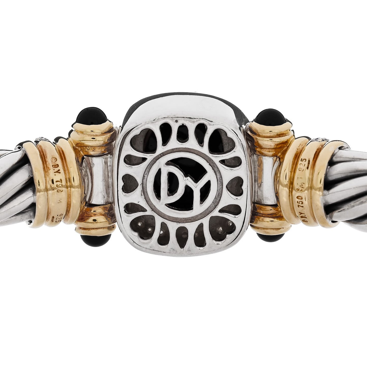Sterling Silver 18K Yellow Gold Diamond Black Onyx 9mm Cable Bracelet