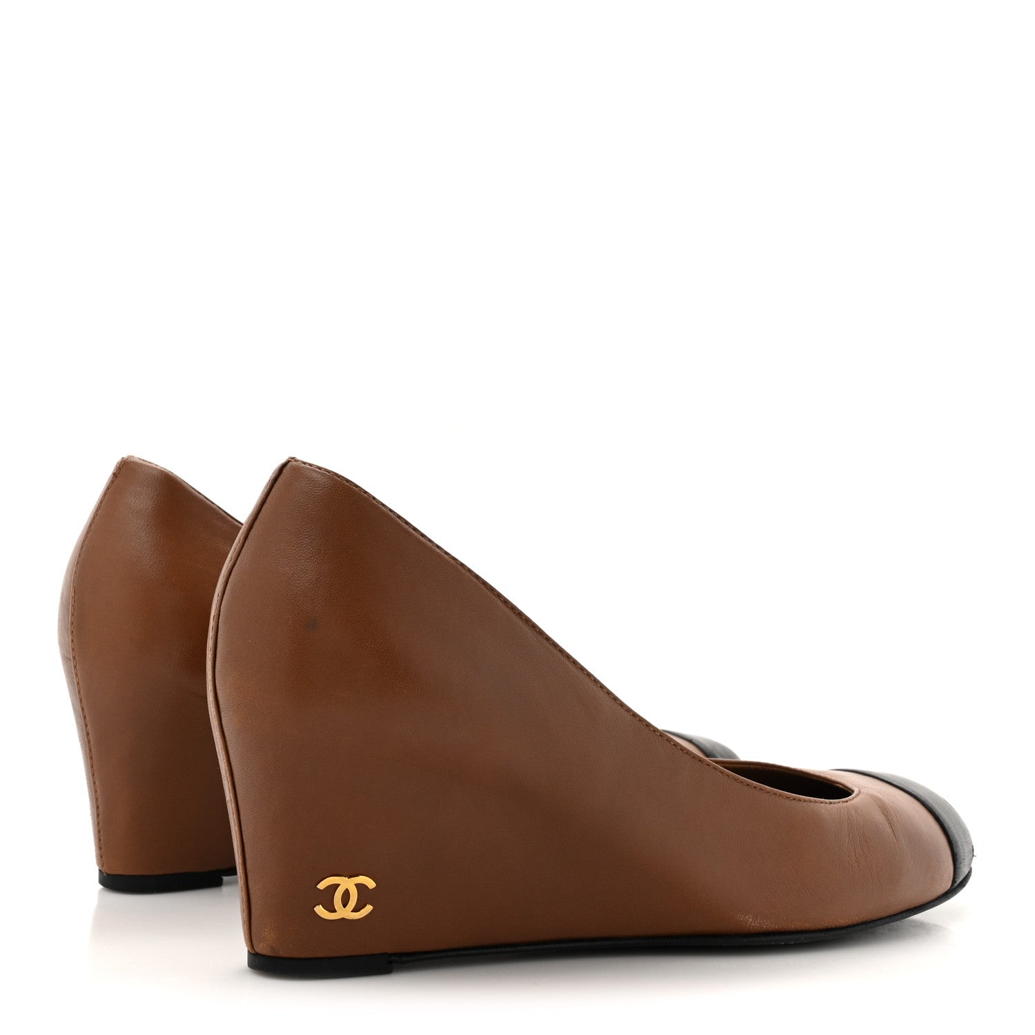 Chanel Lambskin Cap Toe Wedges 37.5 Brown Black 5 of 13