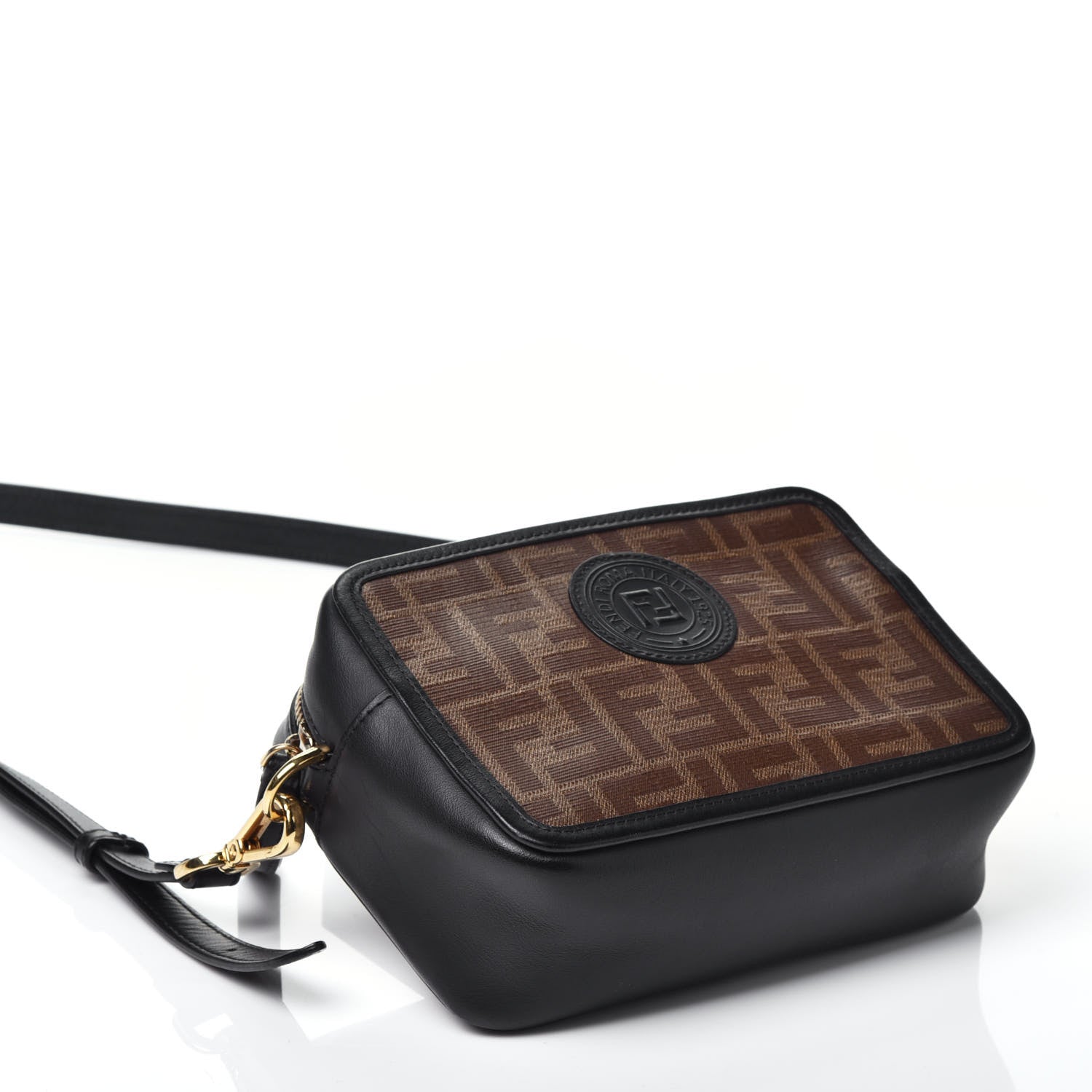 Fendi Glazed Fabric Vitello Century FF 1974 Stamp Patch Mini Camera Case Mogano Panna Black 4 of 9