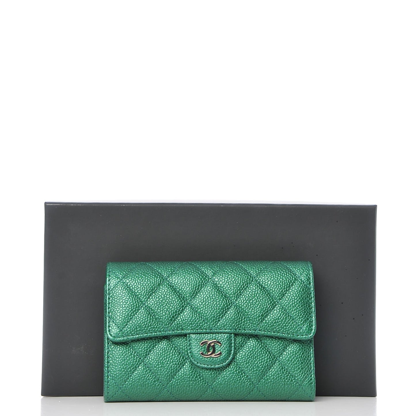 Metallic Caviar Quilted Medium Flap Wallet Green