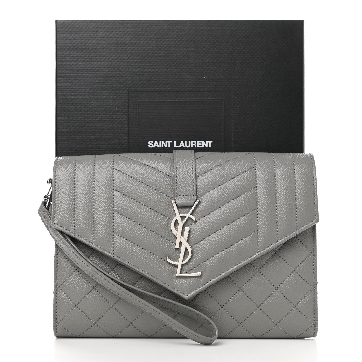 Saint Laurent Grain De Poudre Textured Mixed Matelasse Triquilt Monogram Clutch Storm 8 of 8