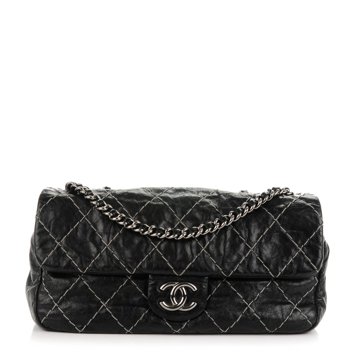 Glazed Goatskin Double Stitch Flap Black