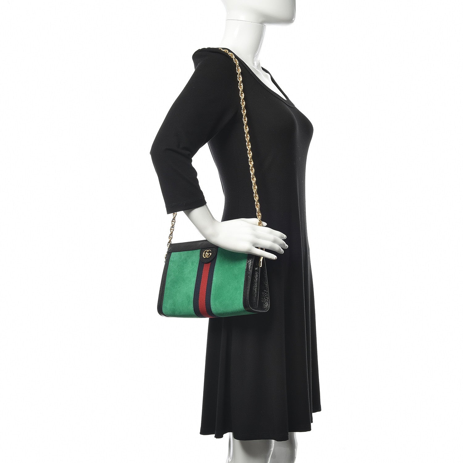 Gucci Suede Patent Web Small Ophidia Chain Shoulder Bag New Shamarock Black 2 of 11