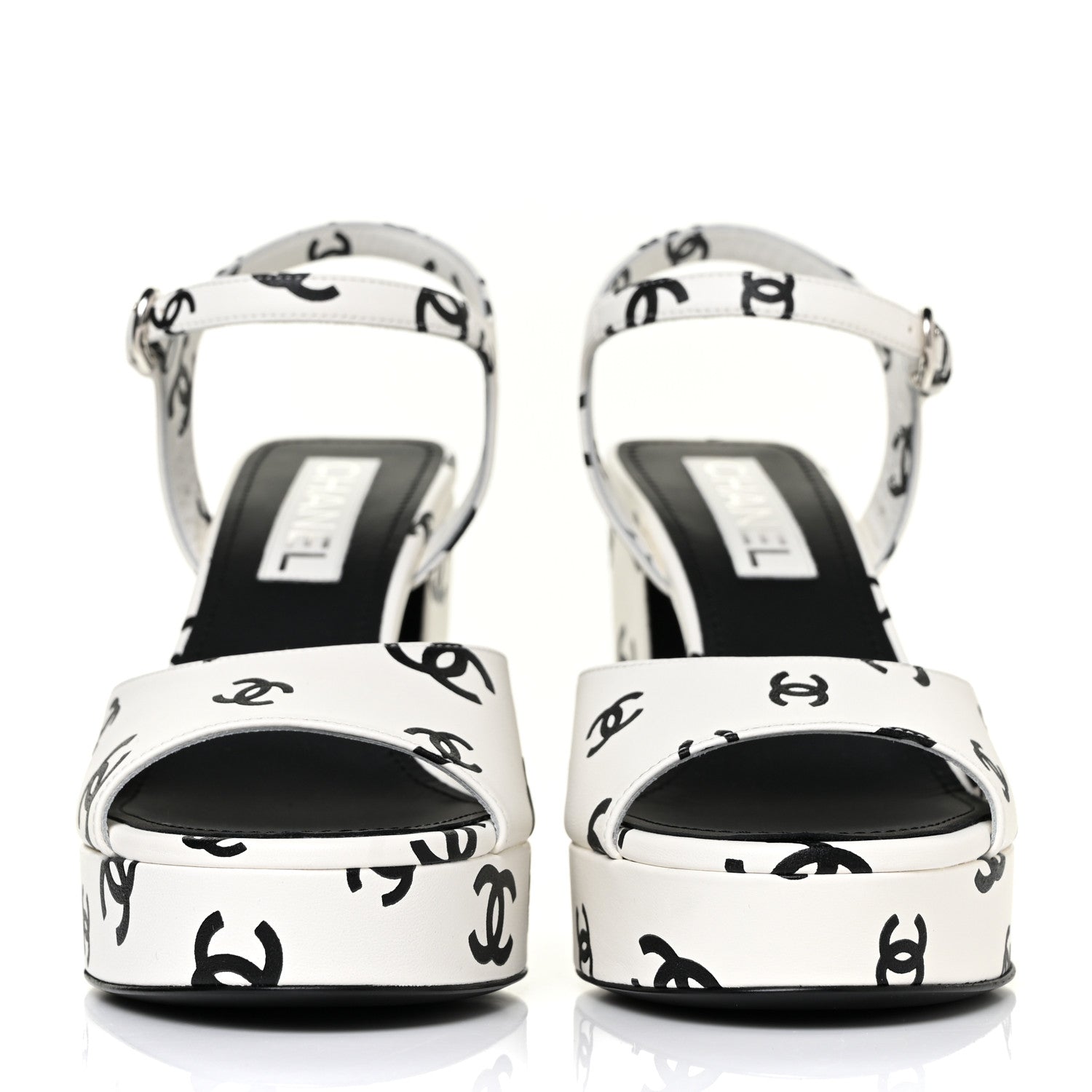 Chanel Printed Lambskin Coco Beach Platform Sandals 39 White Black 3 of 10