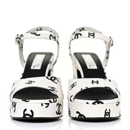 Chanel Printed Lambskin Coco Beach Platform Sandals 39 White Black 3 of 10