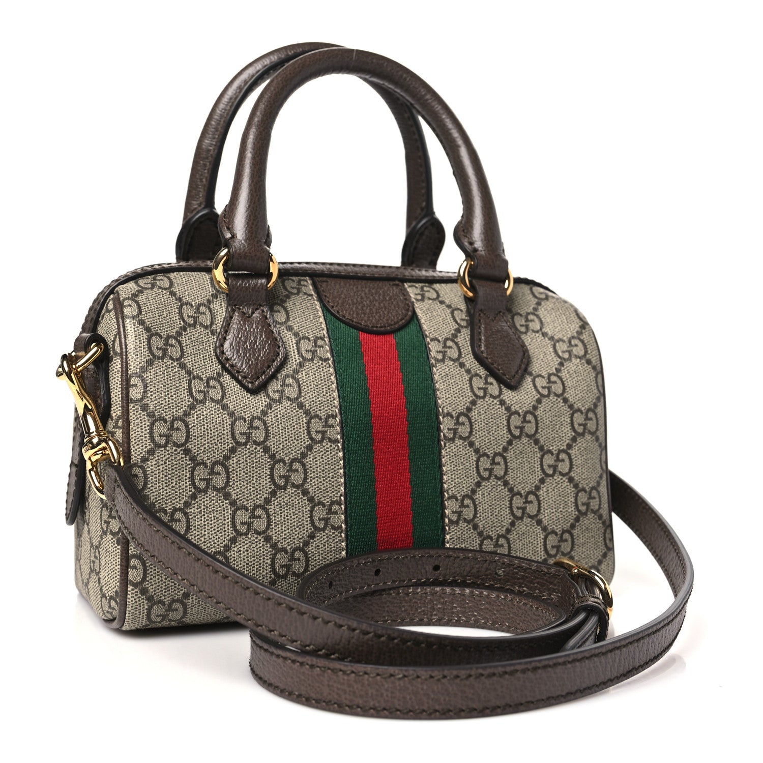 Gucci GG Supreme Monogram Textured Dollar Calfskin Web Mini Ophidia Top Handle Bowler Bag Beige Ebony New Acero 3 of 10