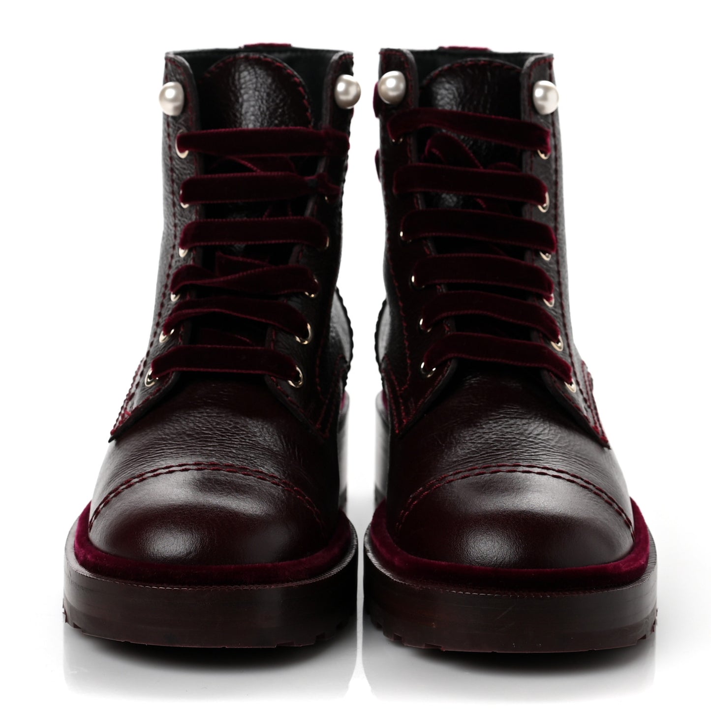 Calfskin Velvet Pearl Combat Short Boots 37.5 Burgundy