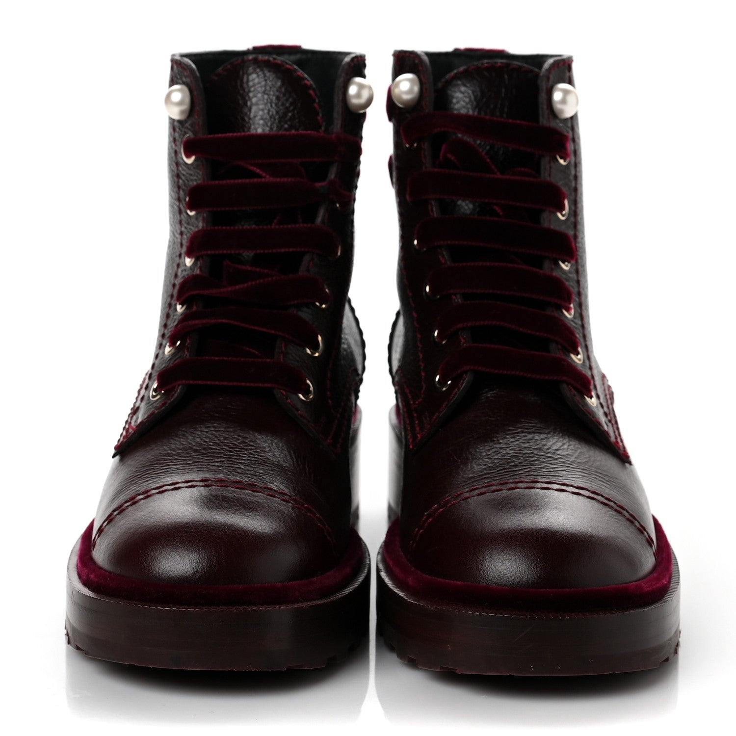 Chanel Calfskin Velvet Pearl Combat Short Boots 37.5 Burgundy 2 of 6