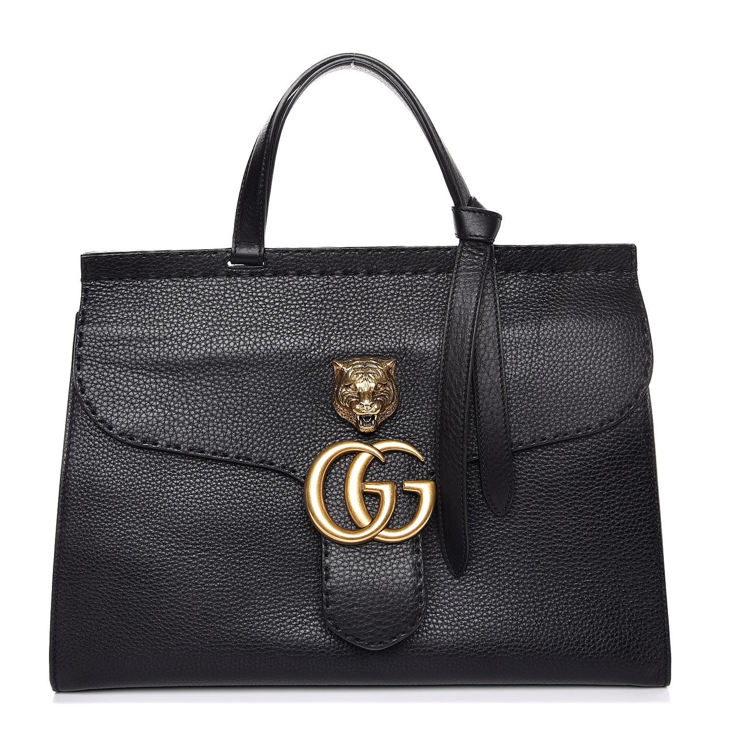 Calfskin Feline Medium GG Marmont Top Handle Bag Black