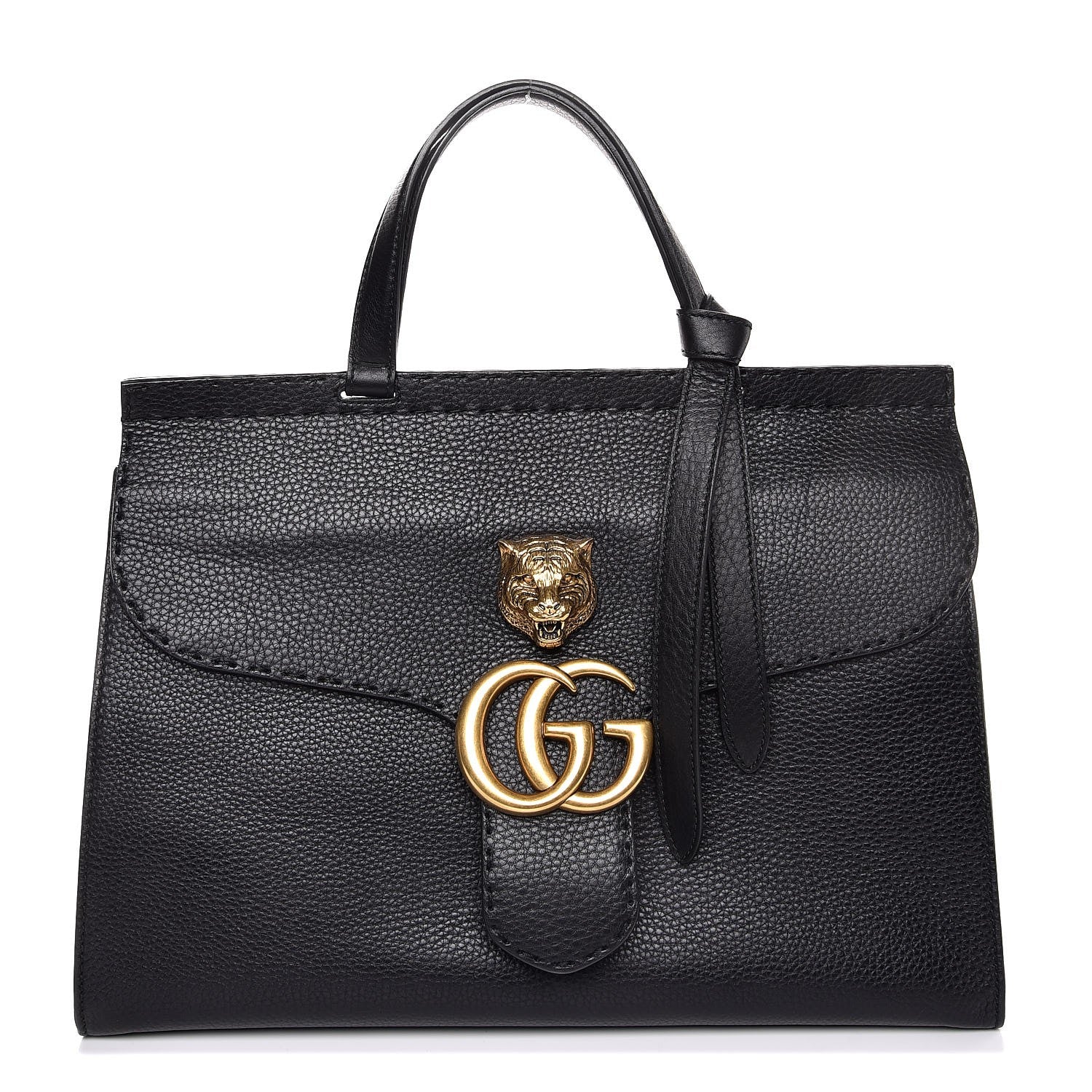 Gucci Calfskin Feline Medium GG Marmont Top Handle Bag Black 1 of 11