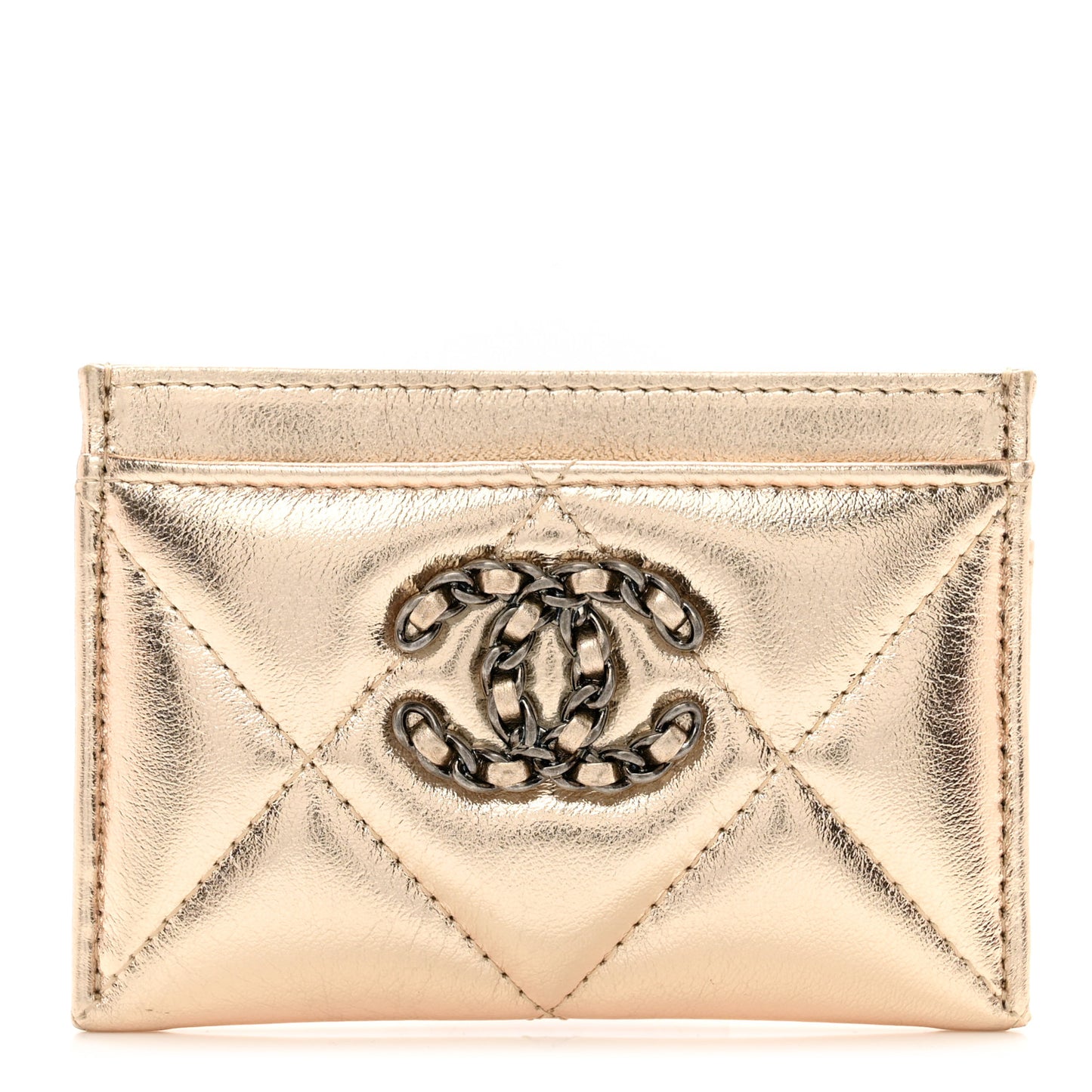 Metallic Lambskin Quilted Chanel 19 Card Holder Gold