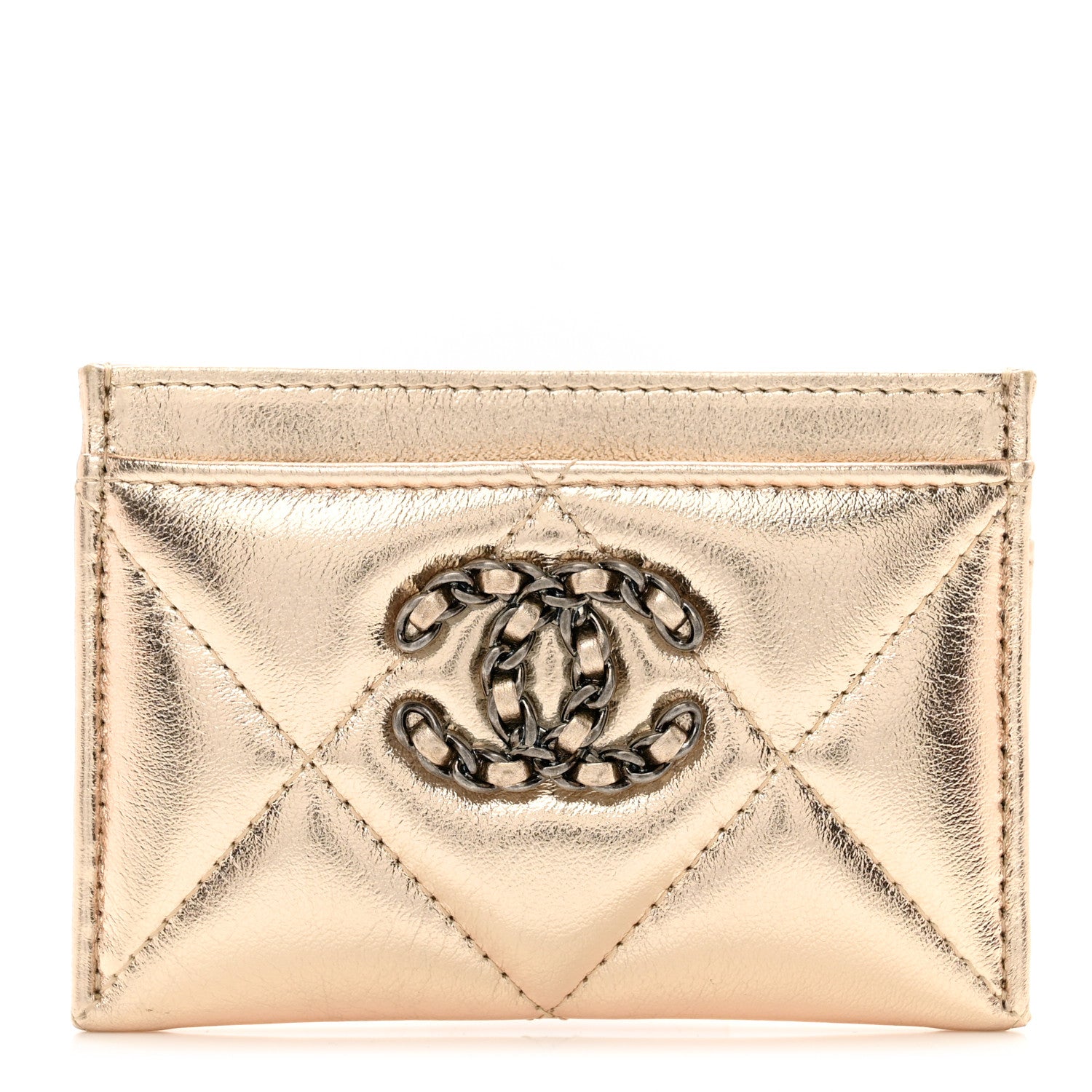 Chanel Metallic Lambskin Quilted Chanel 19 Card Holder Gold 1 of 9