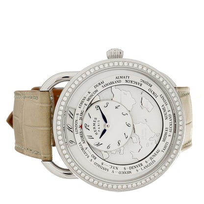 Hermes Stainless Steel Alligator Diamond Bezel Mother of Pearl 38mm Arceau Le Temps Voyageur Automatic Watch Gris Perle 2 of 5