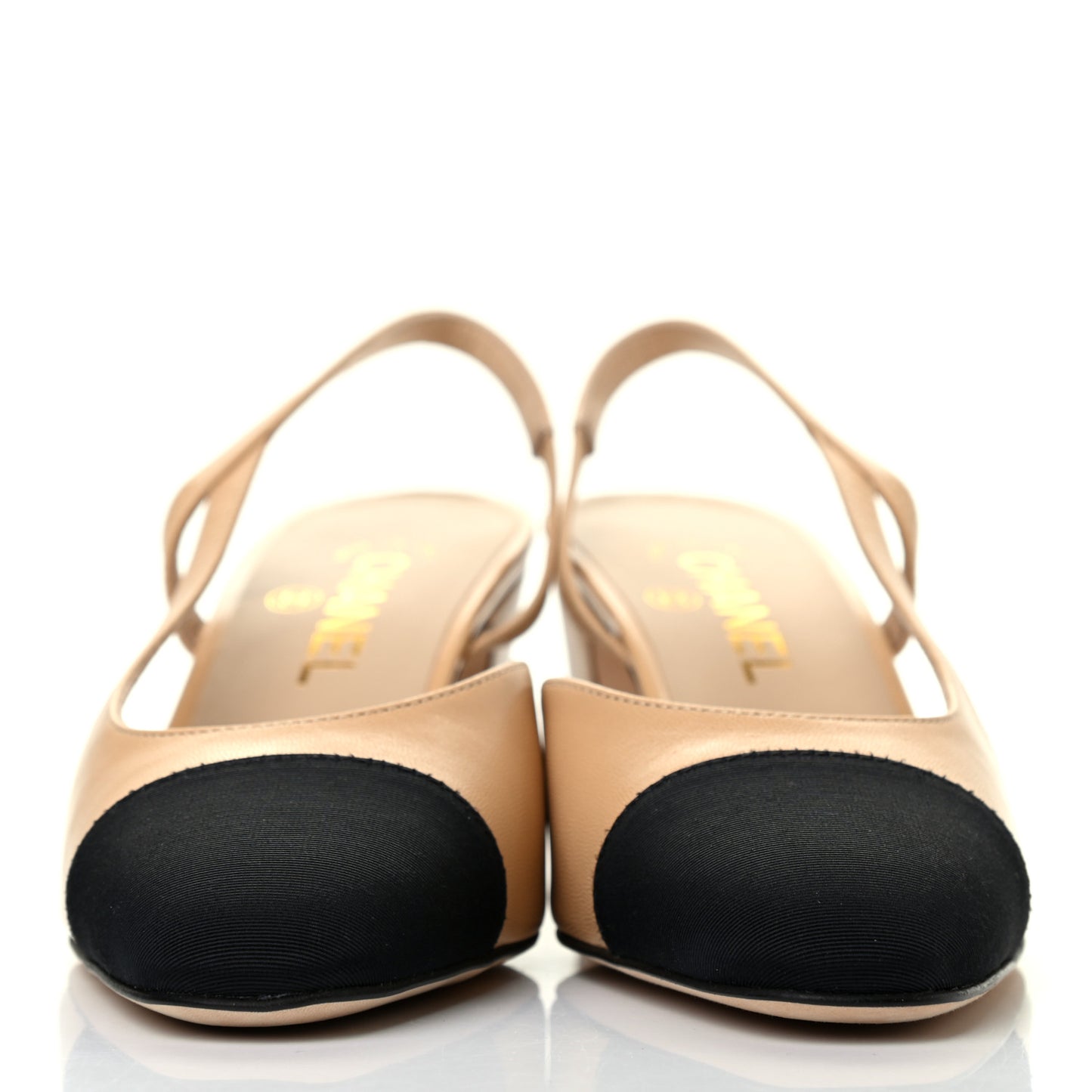 Goatskin Grosgrain Cap Toe CC Slingback Pumps 38 Beige Black