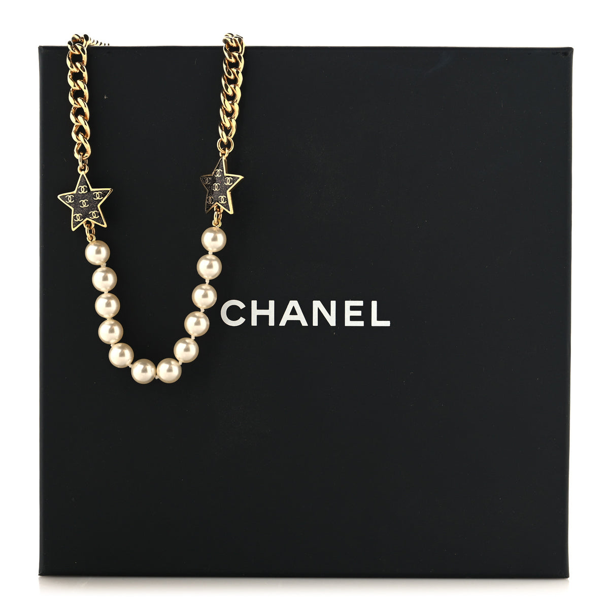 Chanel Metal Enamel Pearl Star CC Necklace Gold White 5 of 5
