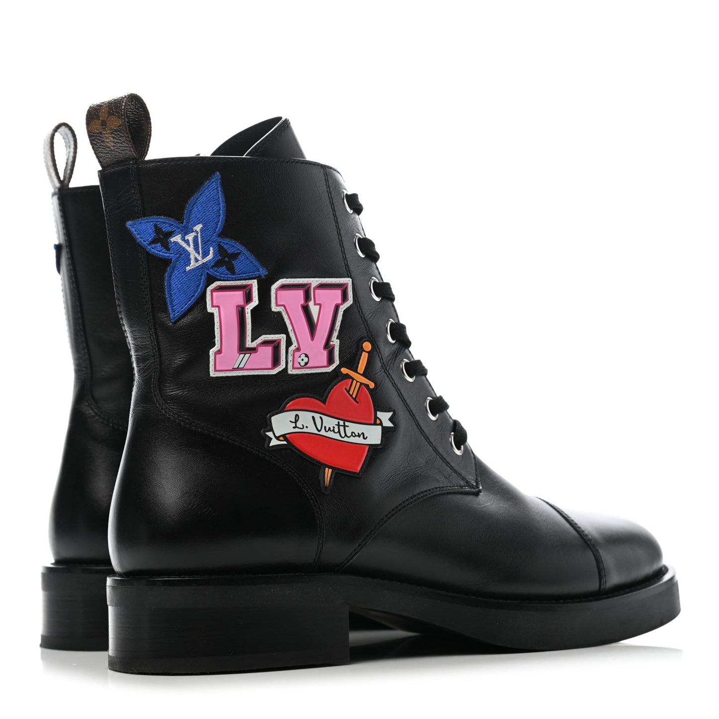 Calfskin LV Black Heart Flat Ranger Boots 37.5 Black