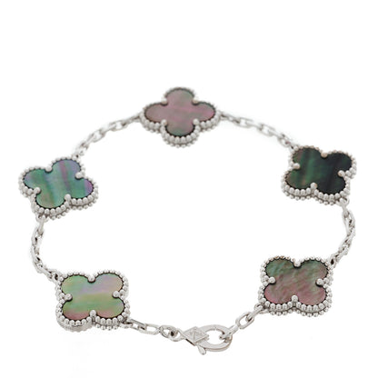 Van Cleef & Arpels 18K White Gold Grey Mother of Pearl 5 Motifs Vintage Alhambra Bracelet 2 of 7