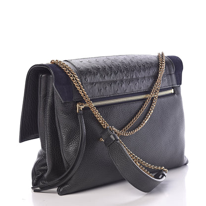 Lanvin Ostrich Calfskin Embossed Medium Sugar Flap Shoulder Bag Black Blue 3 of 14
