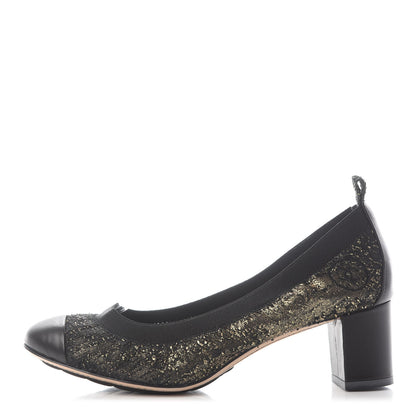 Chanel Metallic Lambskin Cap Toe CC Elastic Stretch Pumps 37.5 Black 1 of 6
