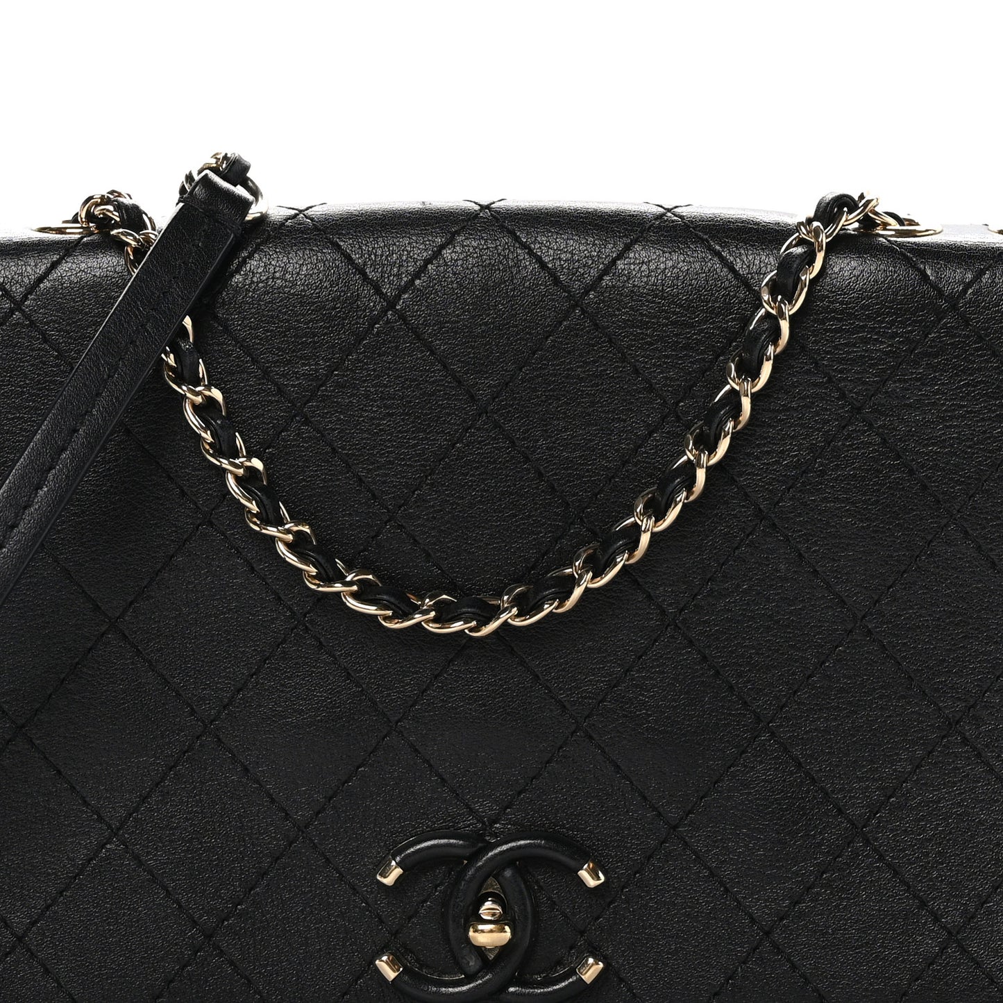 Calfskin Stitched Medium Covered CC Flap Bag Black