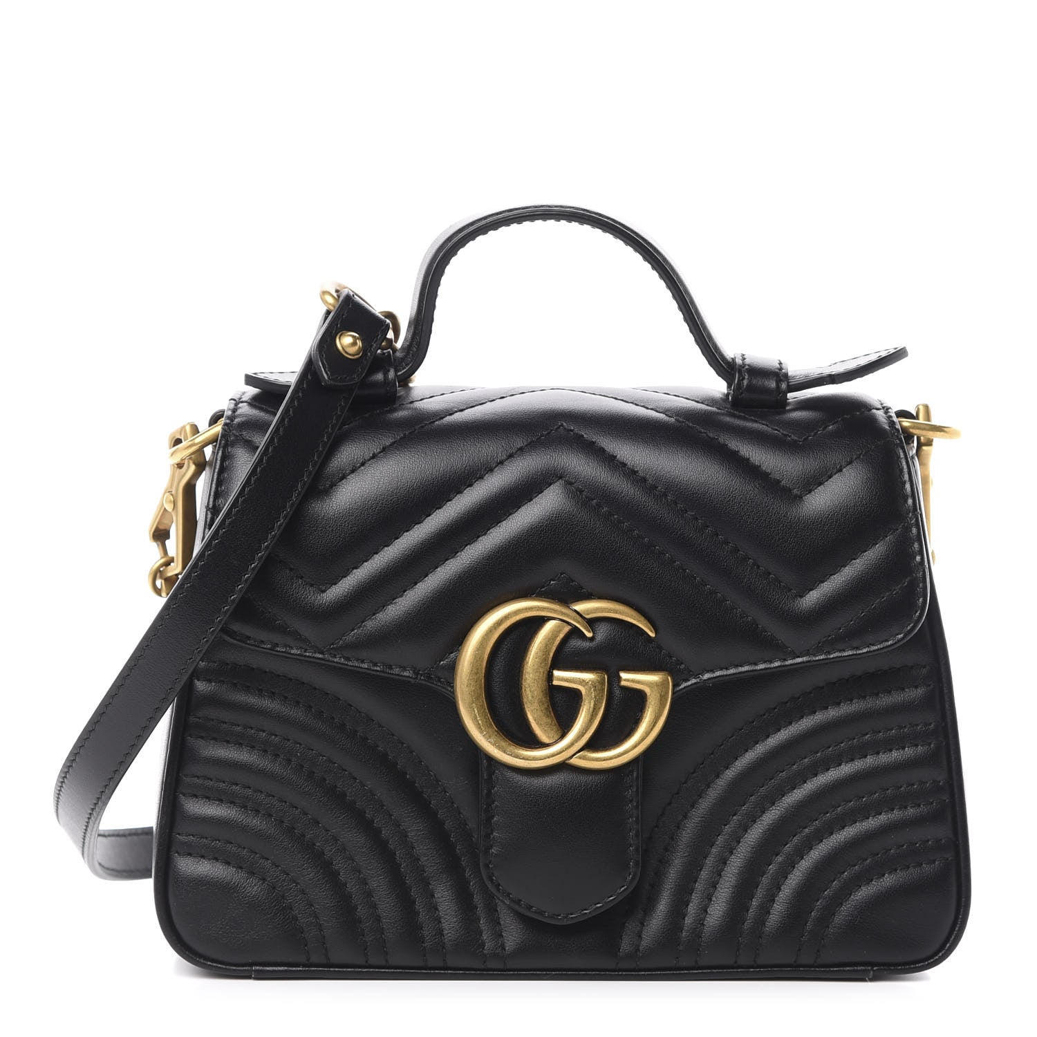 Gucci Calfskin Matelasse Mini GG Marmont Top Handle Shoulder Bag Black 1 of 13