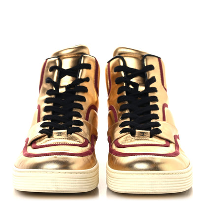 Chanel Metallic Satin Lambskin Mens Logo High Top Sneakers 45 Gold Burgundy 3 of 8