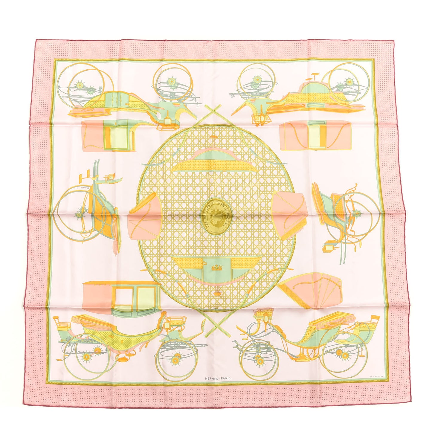 Silk Les Voitures A Transformation Scarf 90 Rose Pale Vert Jade Saumon