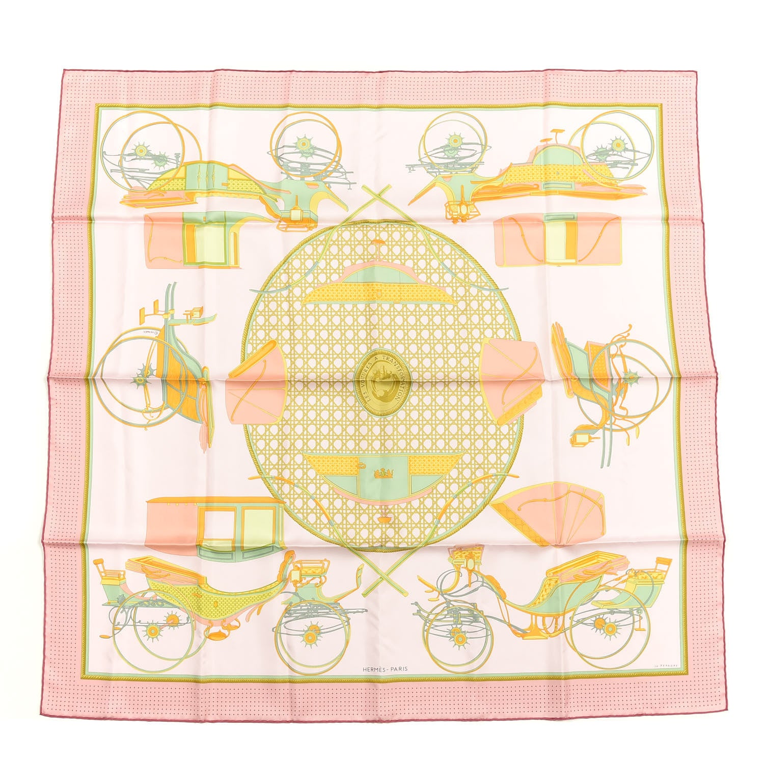 Hermes Silk Les Voitures A Transformation Scarf 90 Rose Pale Vert Jade Saumon 1 of 4