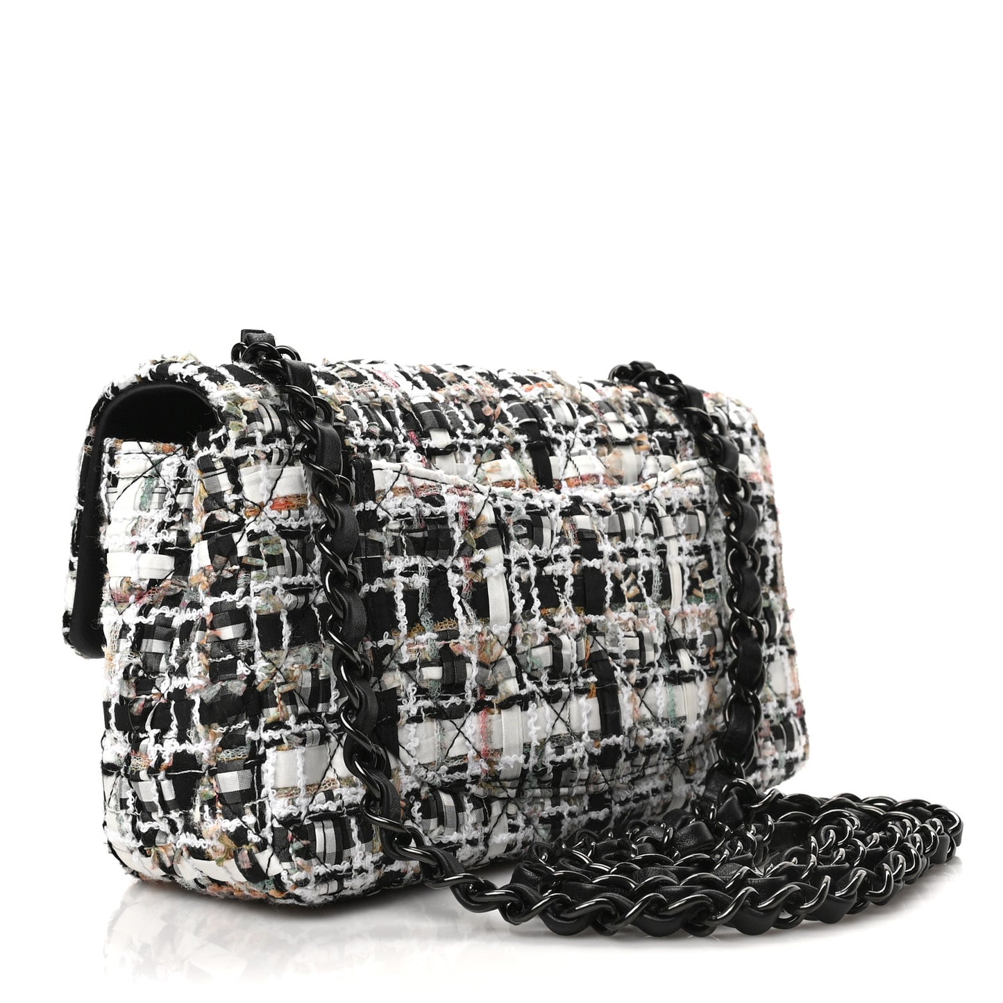 Tweed Quilted Mini Rectangular Flap White Black Multicolor