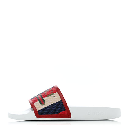 Gucci Canvas Sylvie Stripe Logo Mens Pursuit Slide Sandals 7 Mystic White Hibiscus Red Maritime 1 of 8
