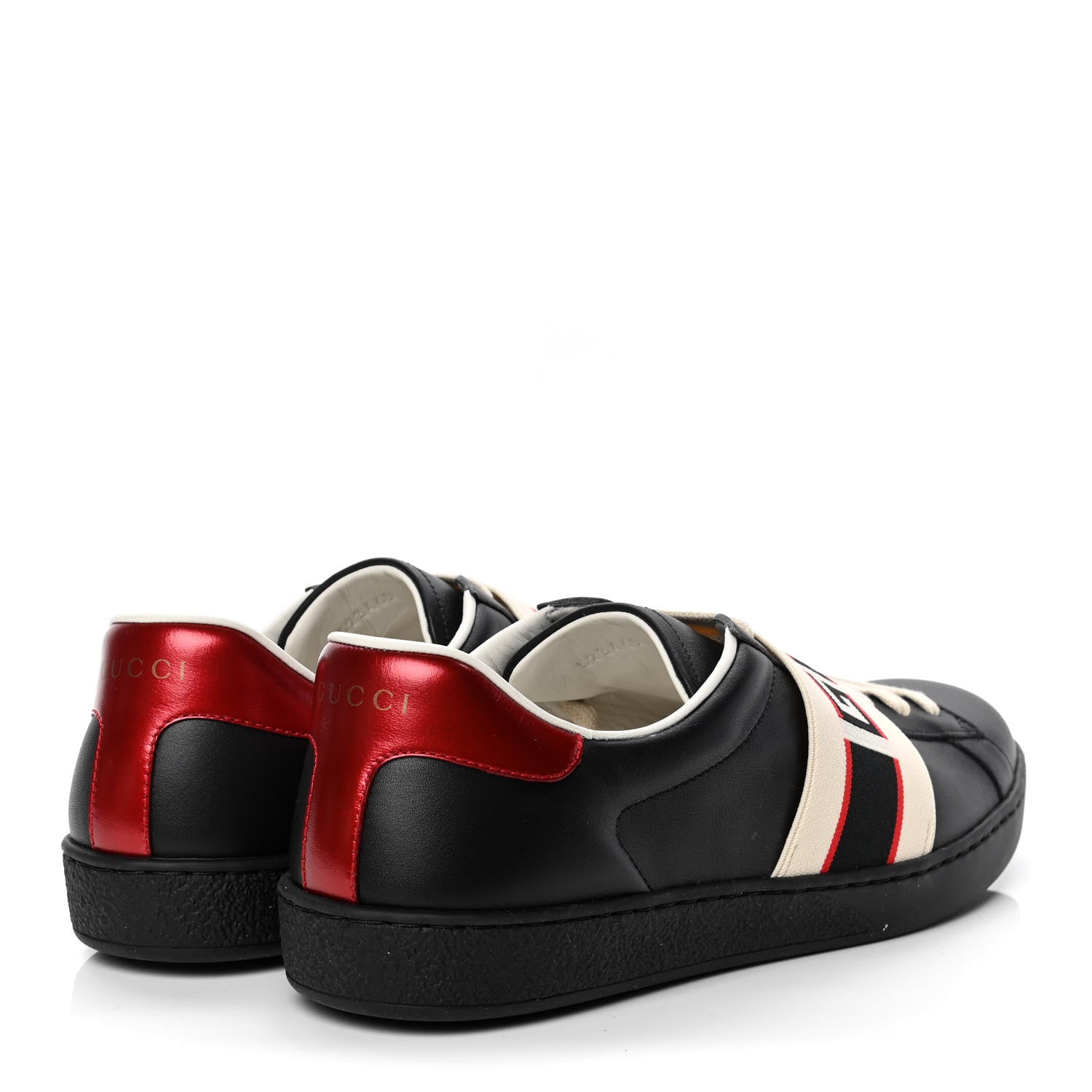 Gucci Calfskin Stripe Mens New Ace Sneakers 7.5 Black Ecru Red Flame 3 of 4