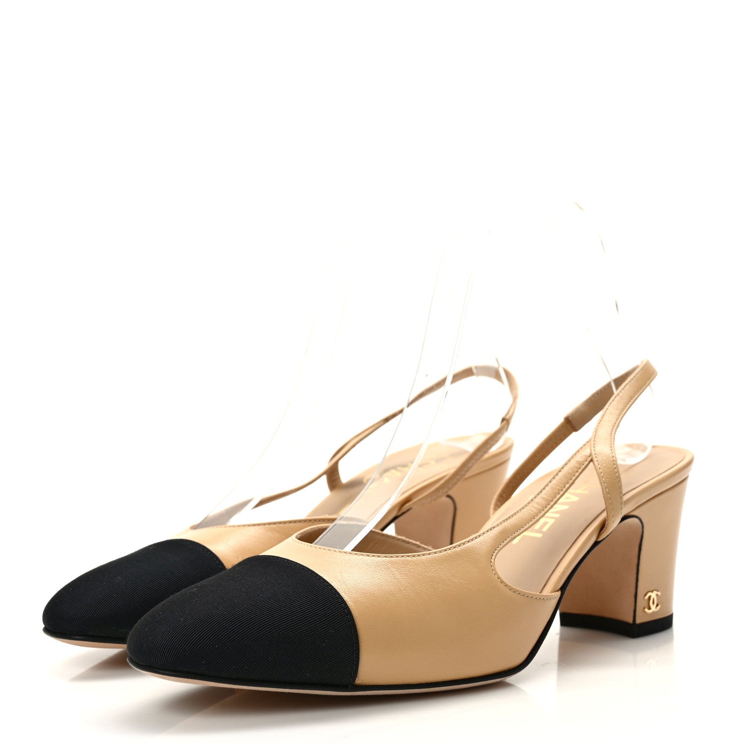 Chanel Goatskin Grosgrain Cap Toe CC Slingback Pumps 38 Beige Black 3 of 8