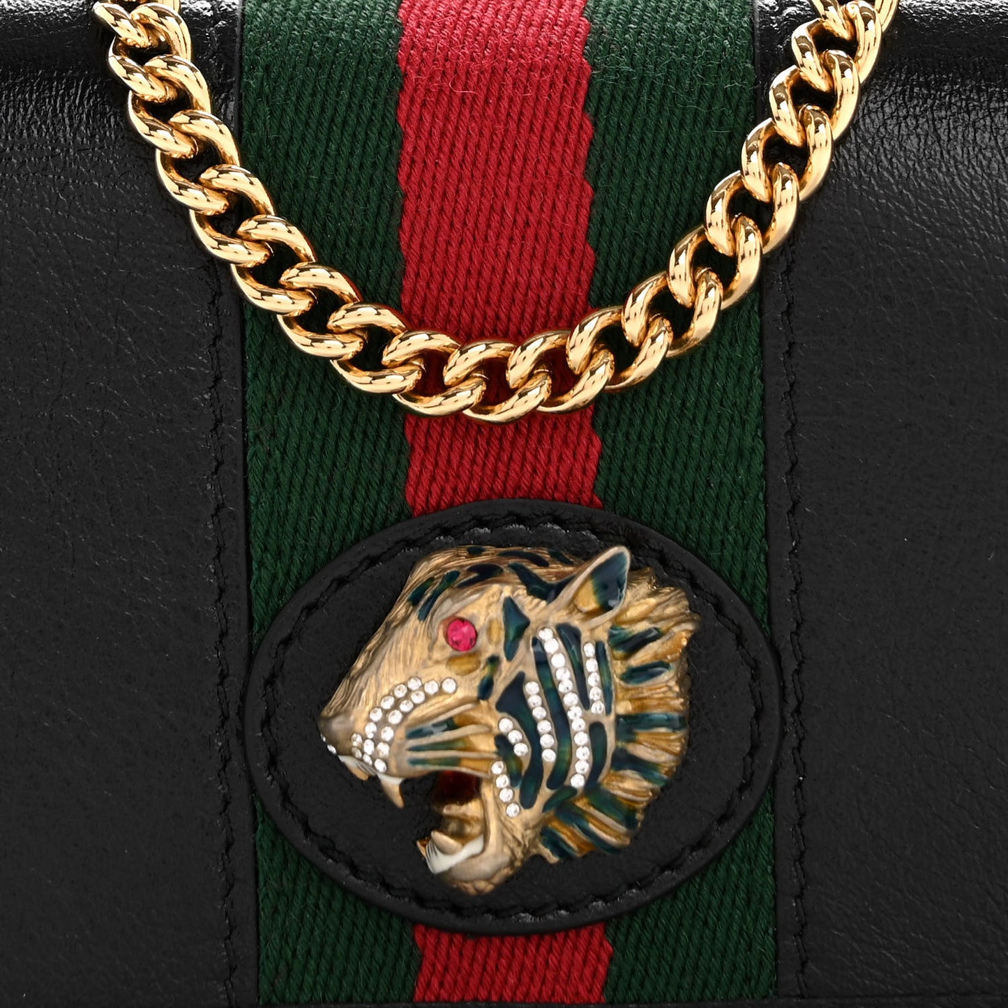 Calfskin Web Rajah Chain Card Case Wallet Black