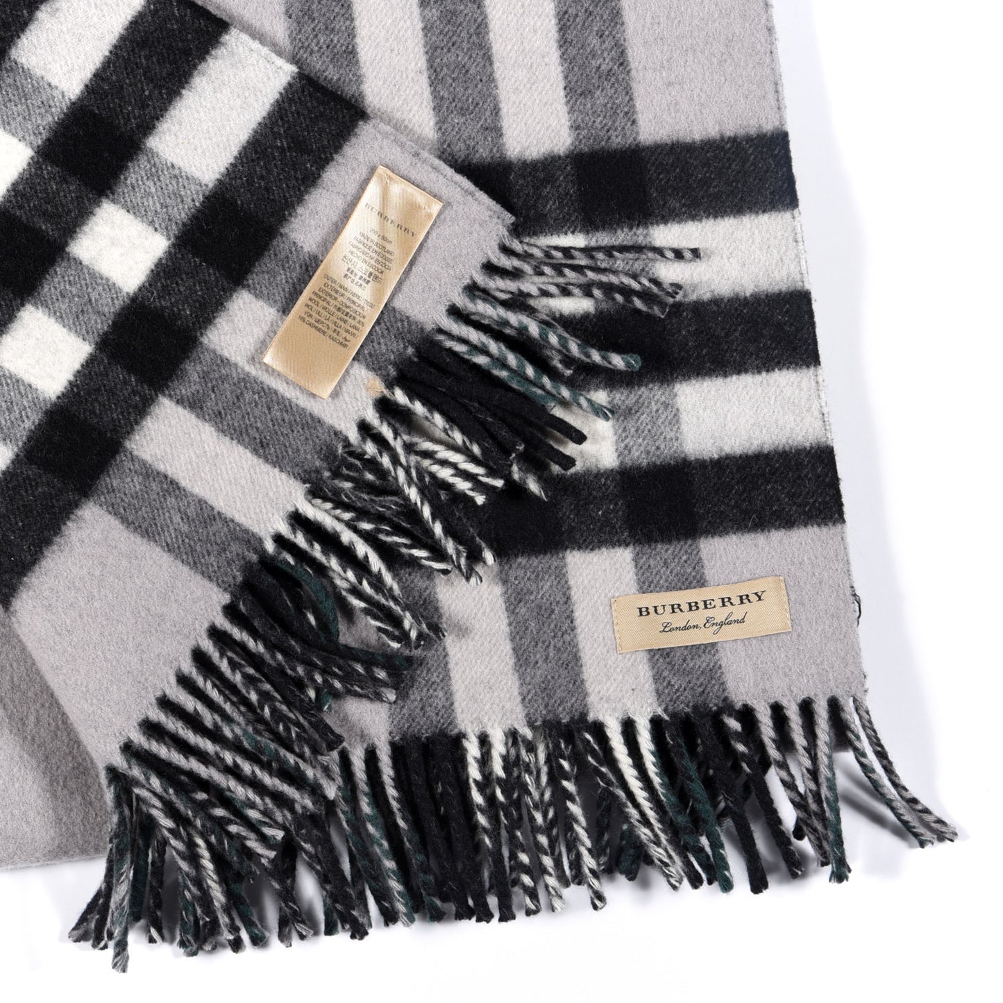 Wool Cashmere Check Striped Fringe Scarf Grey