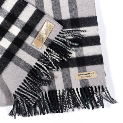 Burberry Wool Cashmere Check Striped Fringe Scarf Grey 4 of 5