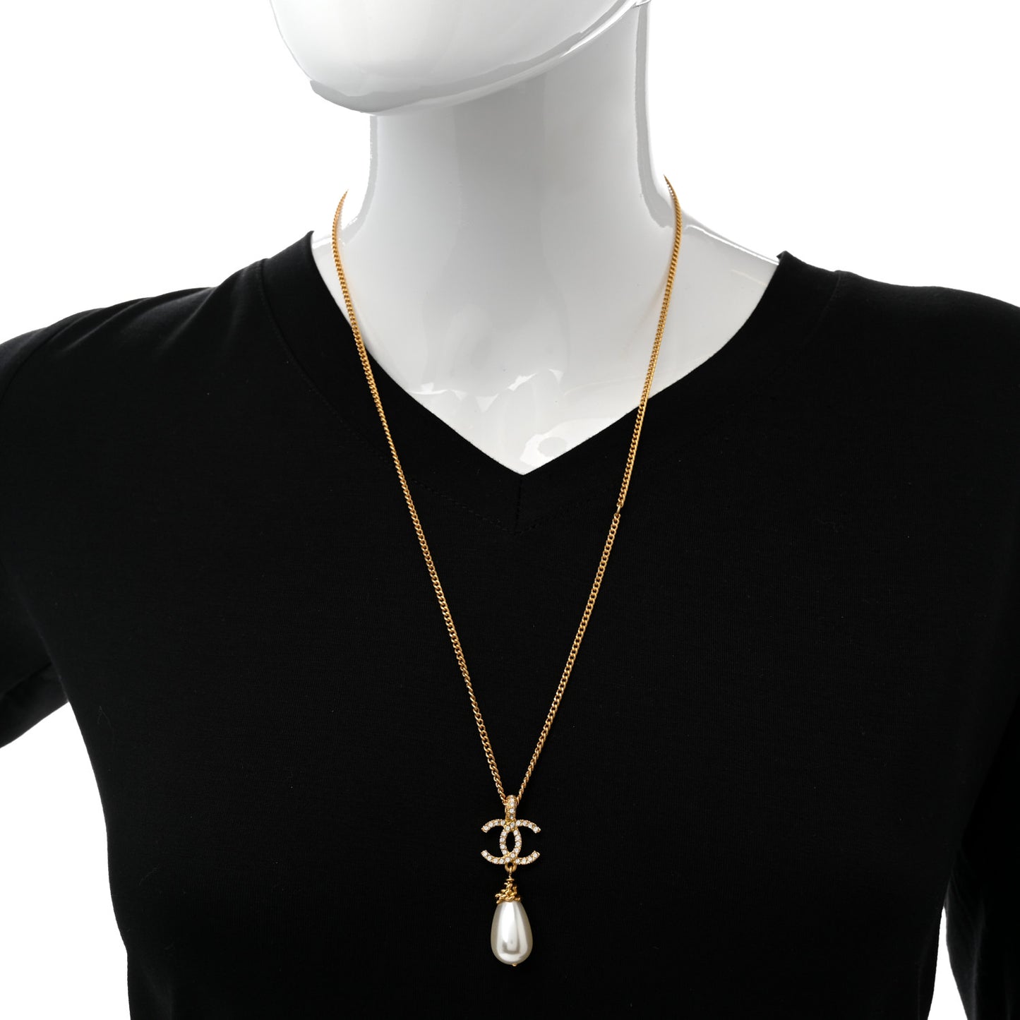 Pearl Crystal Twisted CC Drop Necklace Gold