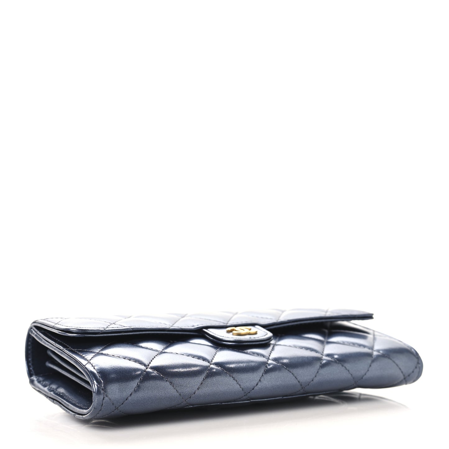 Metallic Lambskin Quilted Large Gusset Flap Wallet Dark Blue