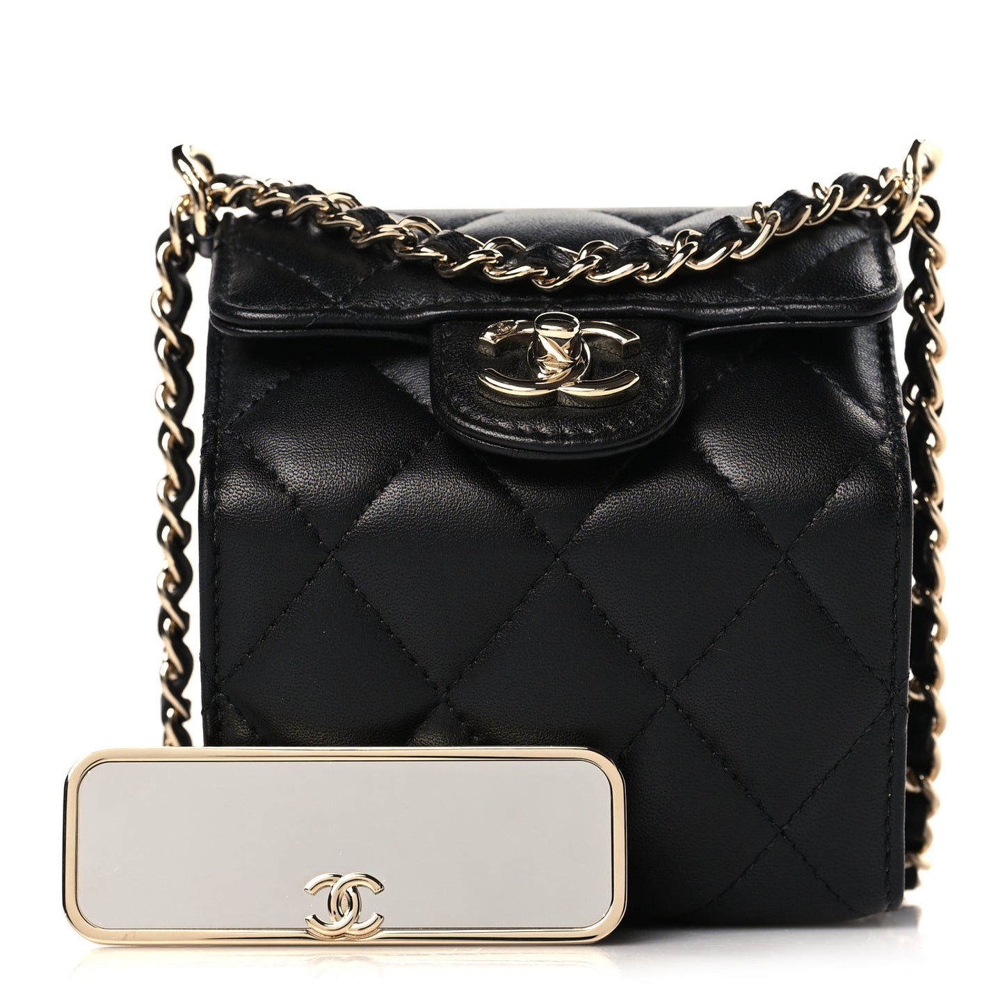 Lambskin Quilted Foldable Jewelry Box With Chain Black