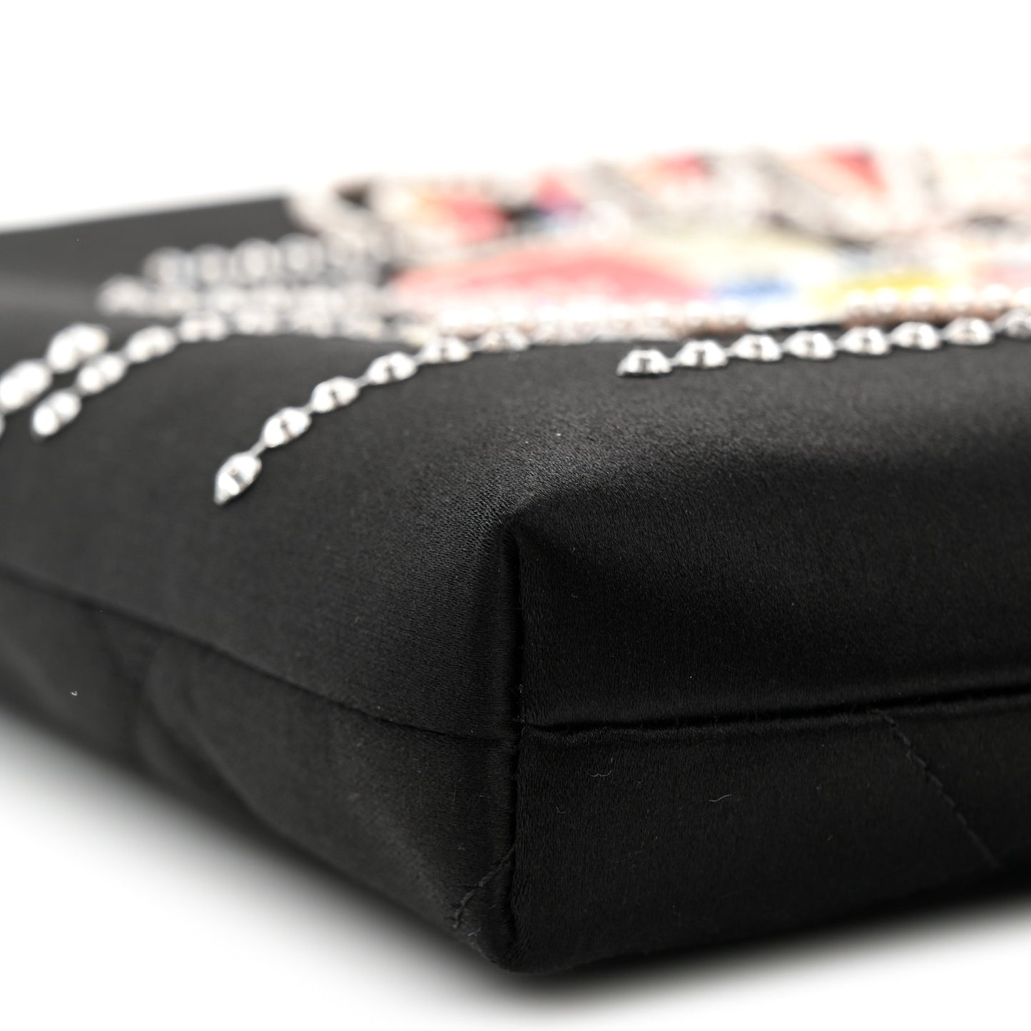 Satin Sequin Pearl Crystal Roller Skate Quilted Clutch With Chain Black Multicolor