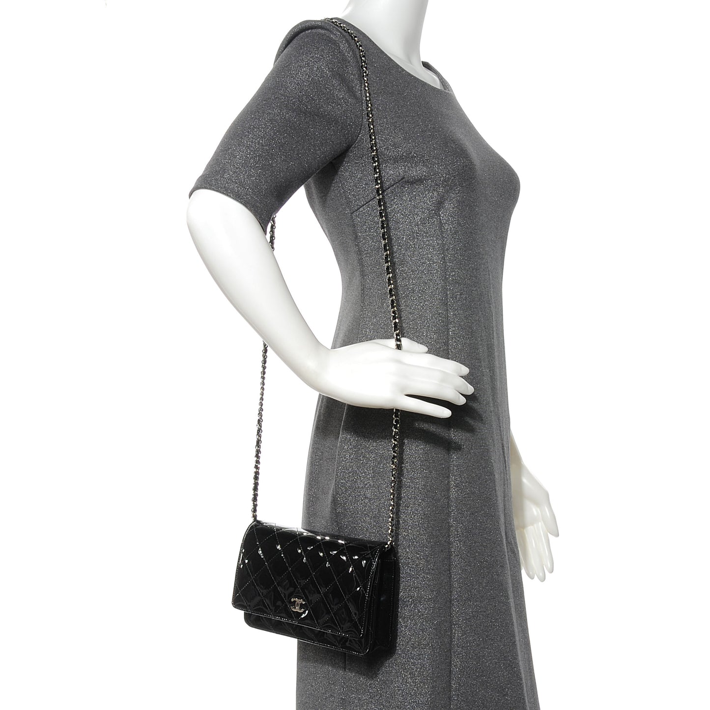 Patent Quilted Wallet On Chain WOC Black