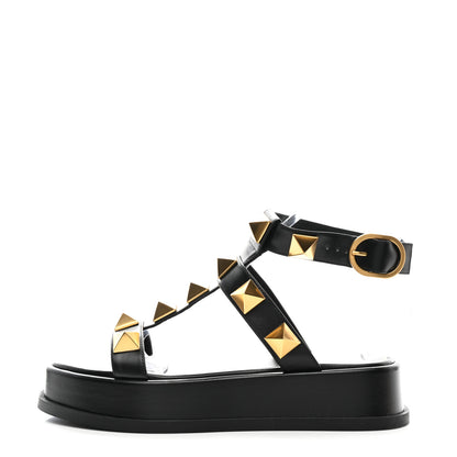 Valentino Garavani Calfskin Roman Stud Ankle Strap 40mm Flatform Sandals 37 Black 1 of 8