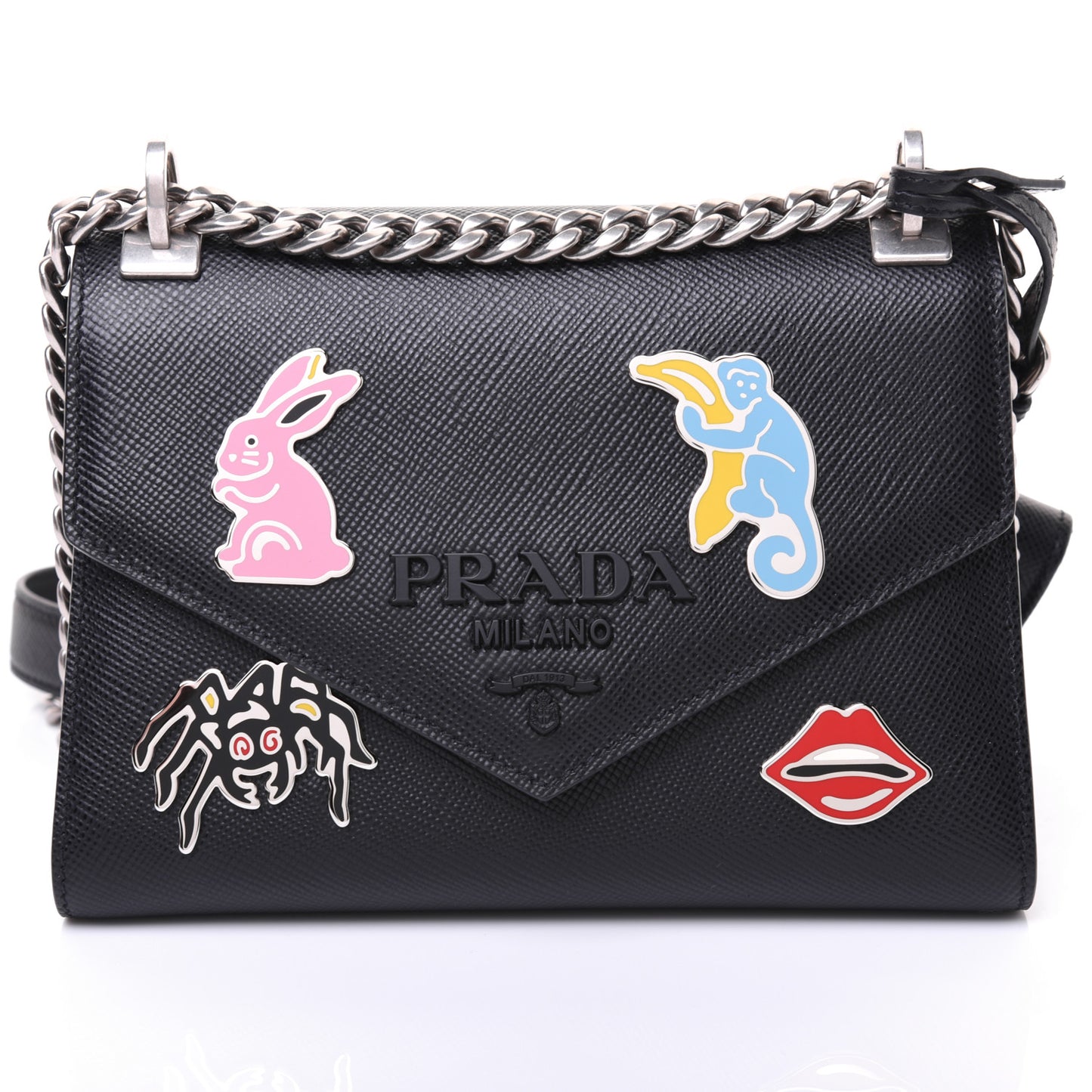 Saffiano Cuir Calfskin Monochrome Patches Envelope Flap Chain Shoulder Bag Black