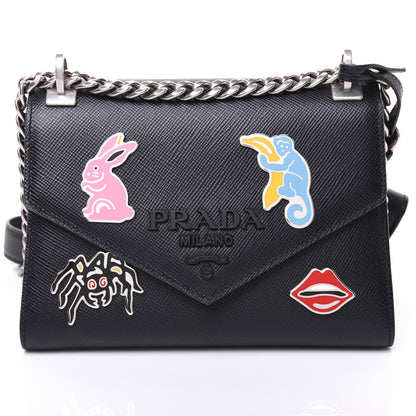 Prada Saffiano Cuir Calfskin Monochrome Patches Envelope Flap Chain Shoulder Bag Black 3 of 15