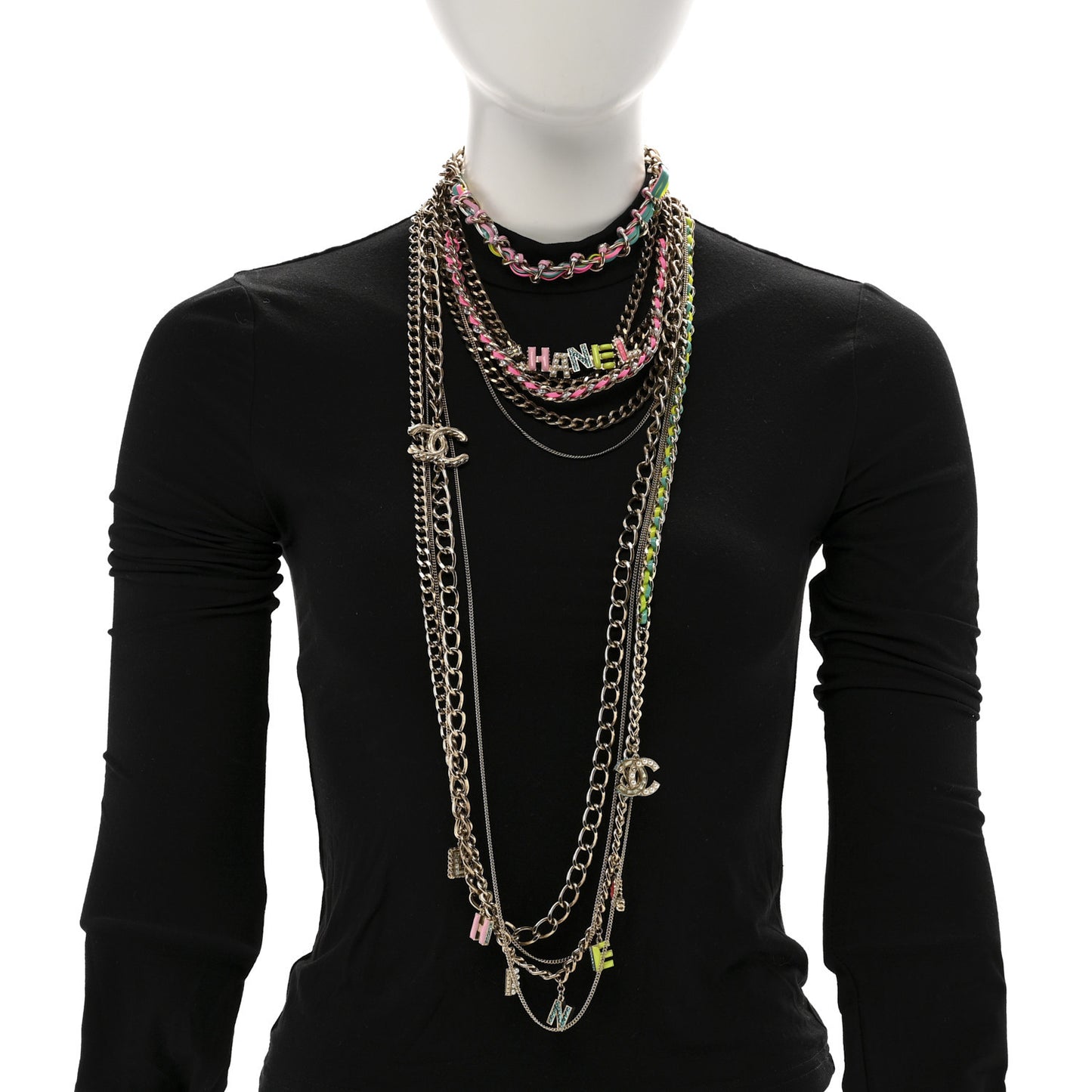 Resin Pearl Crystal Logo Multi Chain Long Express Necklace Gold Multicolor